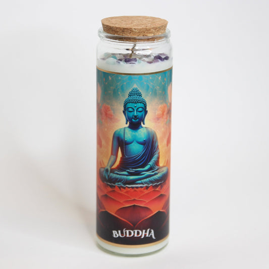 Buddha Crystal Altar Candle in a 16 oz glass tumbler with an image of the Buddha on the label and pale crystals set into the wax