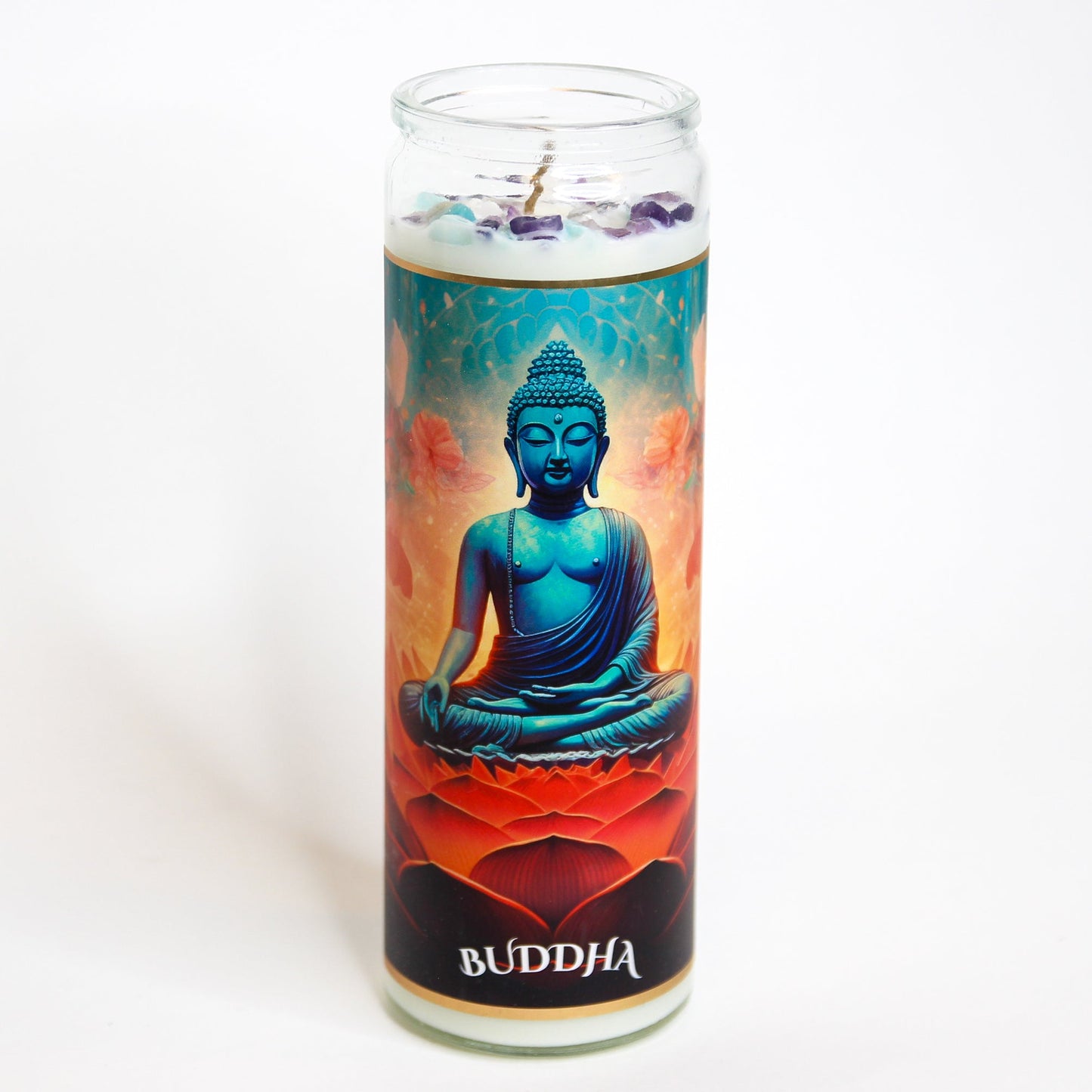 Buddha Crystal Altar Candle in a 16 oz glass tumbler with an image of the Buddha on the label and pale crystals set into the wax — product photo 2