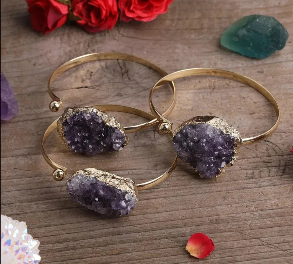Open cuff bracelet set with an irregular raw amethyst druzy crystal — view 11 of 12
