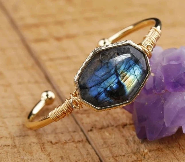 Open bangle cuff bracelet set with a large octagonal labradorite stone showing blue and green flash — product photo 4