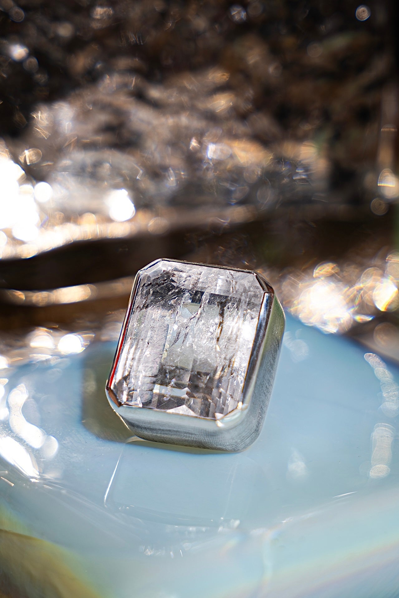 Square Goliath Ring in Striated Crystal — squared natural quartz face in a tall oxidized silver setting on a sterling silver band — view 2