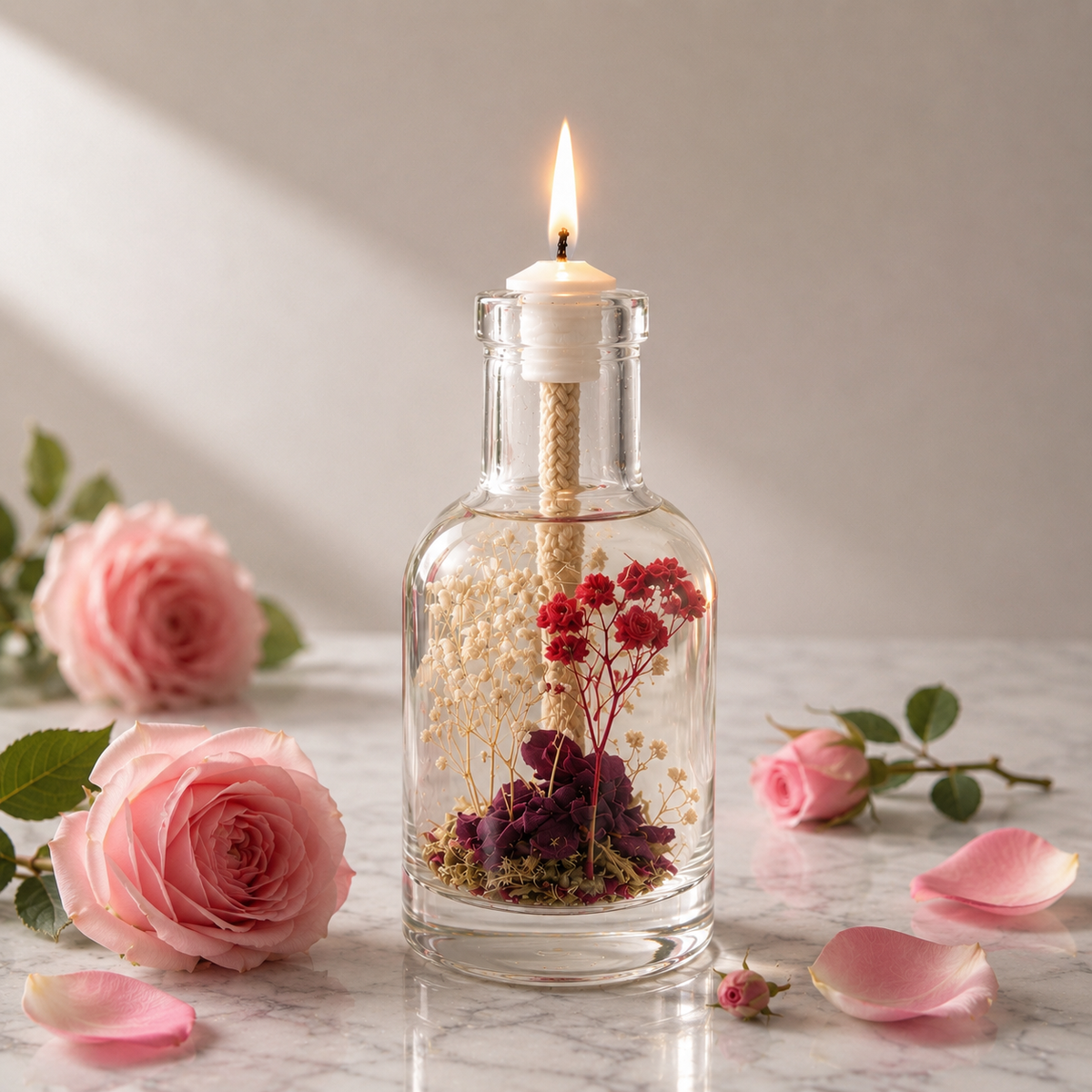 Libra oil candle burning beside soft pink roses and scattered petals, the glass bottle filled with cream blossoms and a deep rose-red bloom.