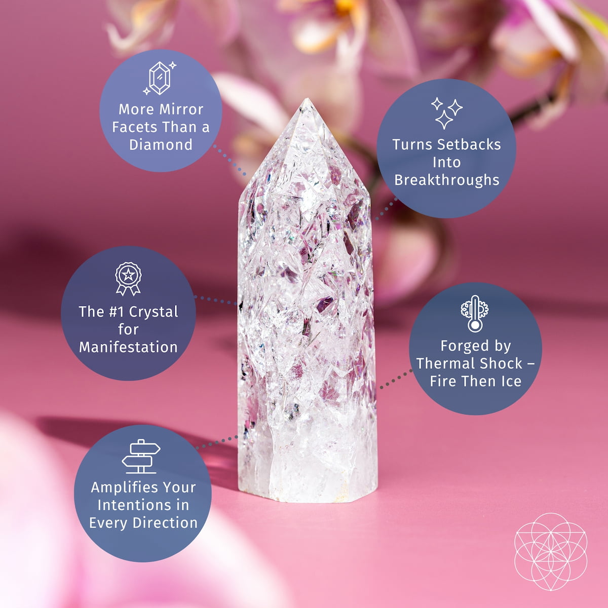Ice Quartz crystal point with fractured internal prisms catching the light — view 4