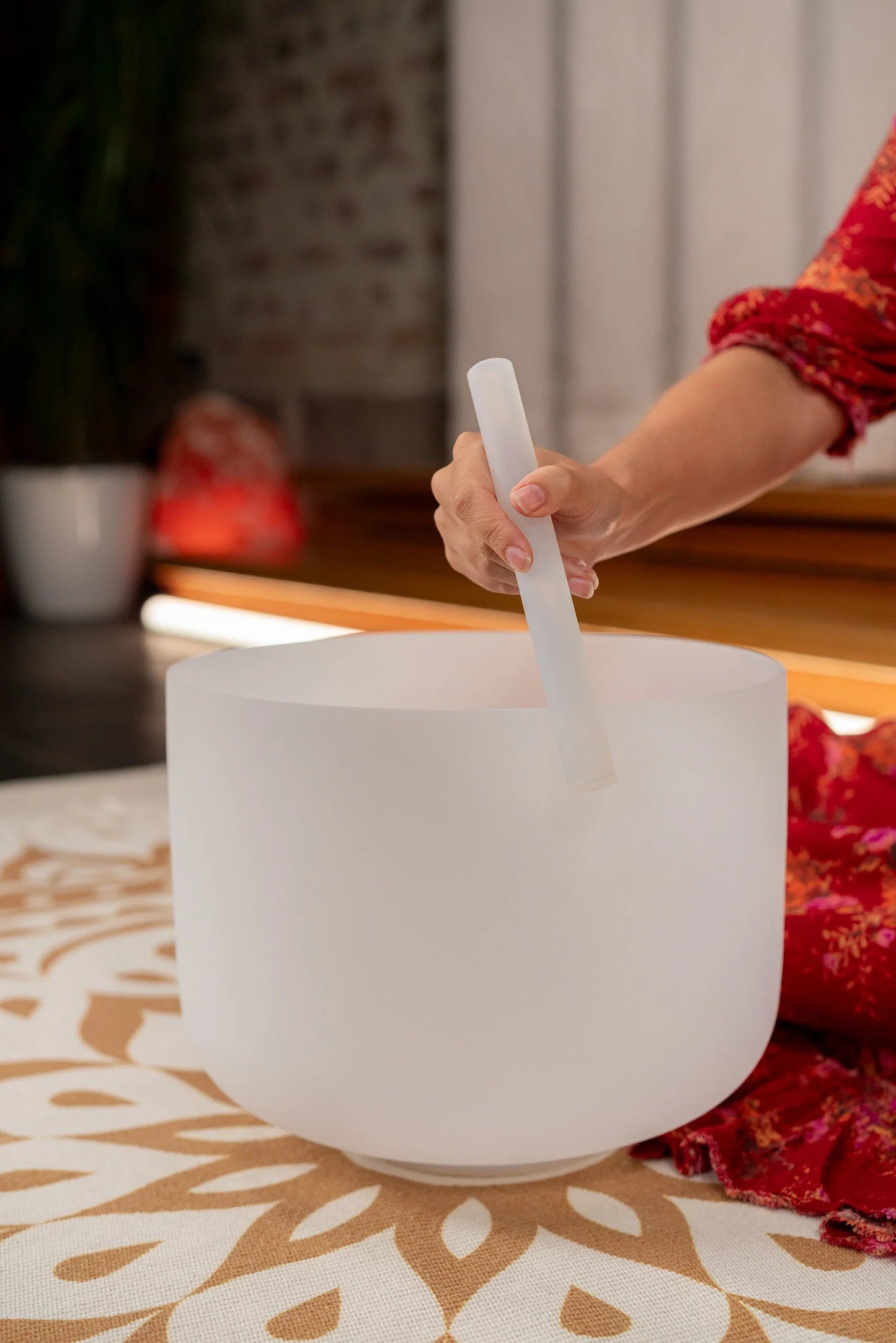 12-inch white-frosted crystal singing bowl tuned to G3 for the throat chakra — view 2 of 5