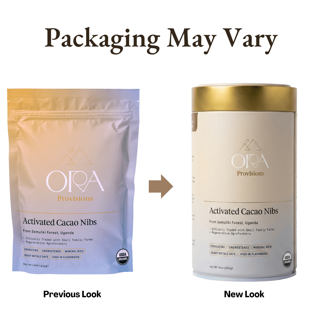 Ora Cacao organic cacao nibs shown in a warm, softly lit styled scene.
