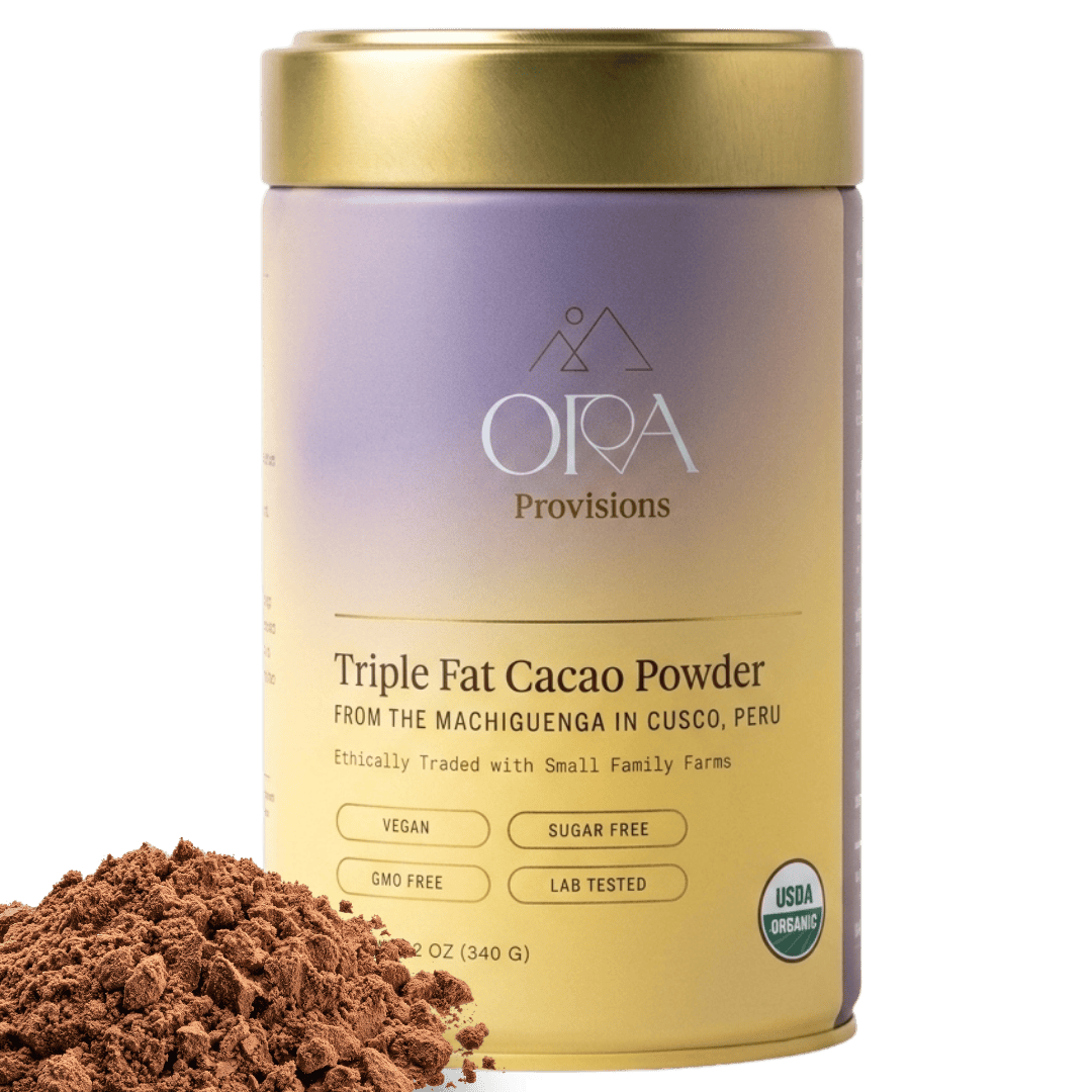 Ora Cacao Triple Fat cacao powder tin shown on a plain neutral background.