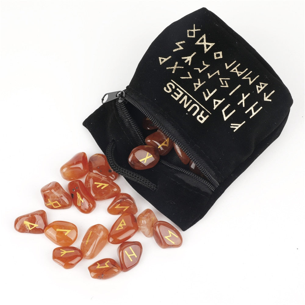 Crystal Rune Set — 25 Carved Stone Runes with Velvet Bag