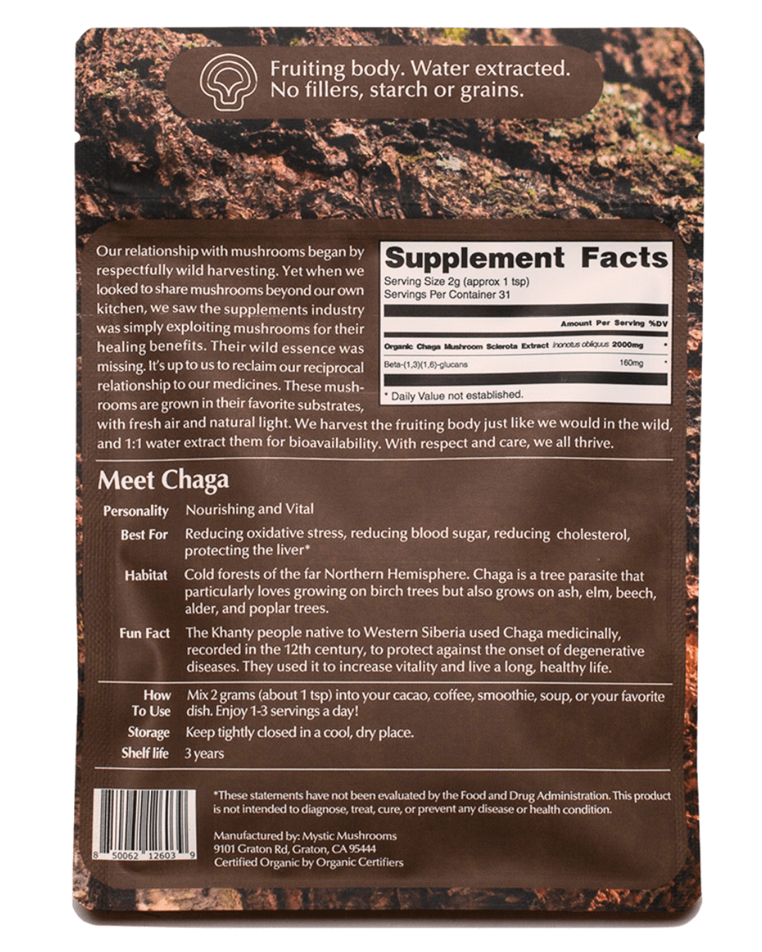 Ora Cacao Chaga mushroom extract pouch shown in a warm, softly lit styled scene.