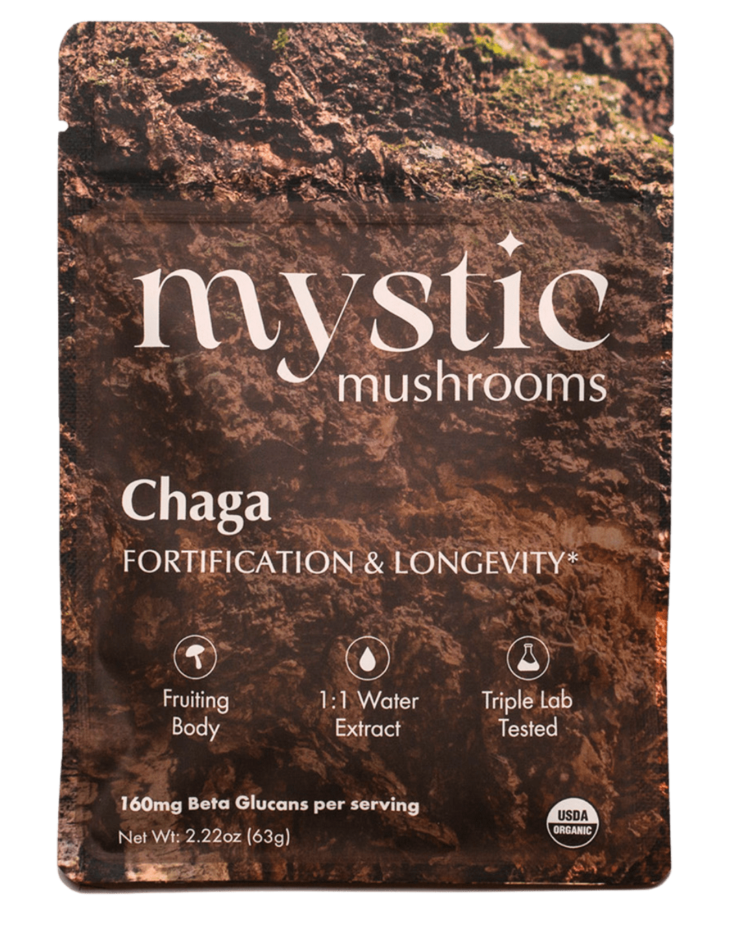 Ora Cacao Chaga mushroom extract pouch shown on a plain neutral background.