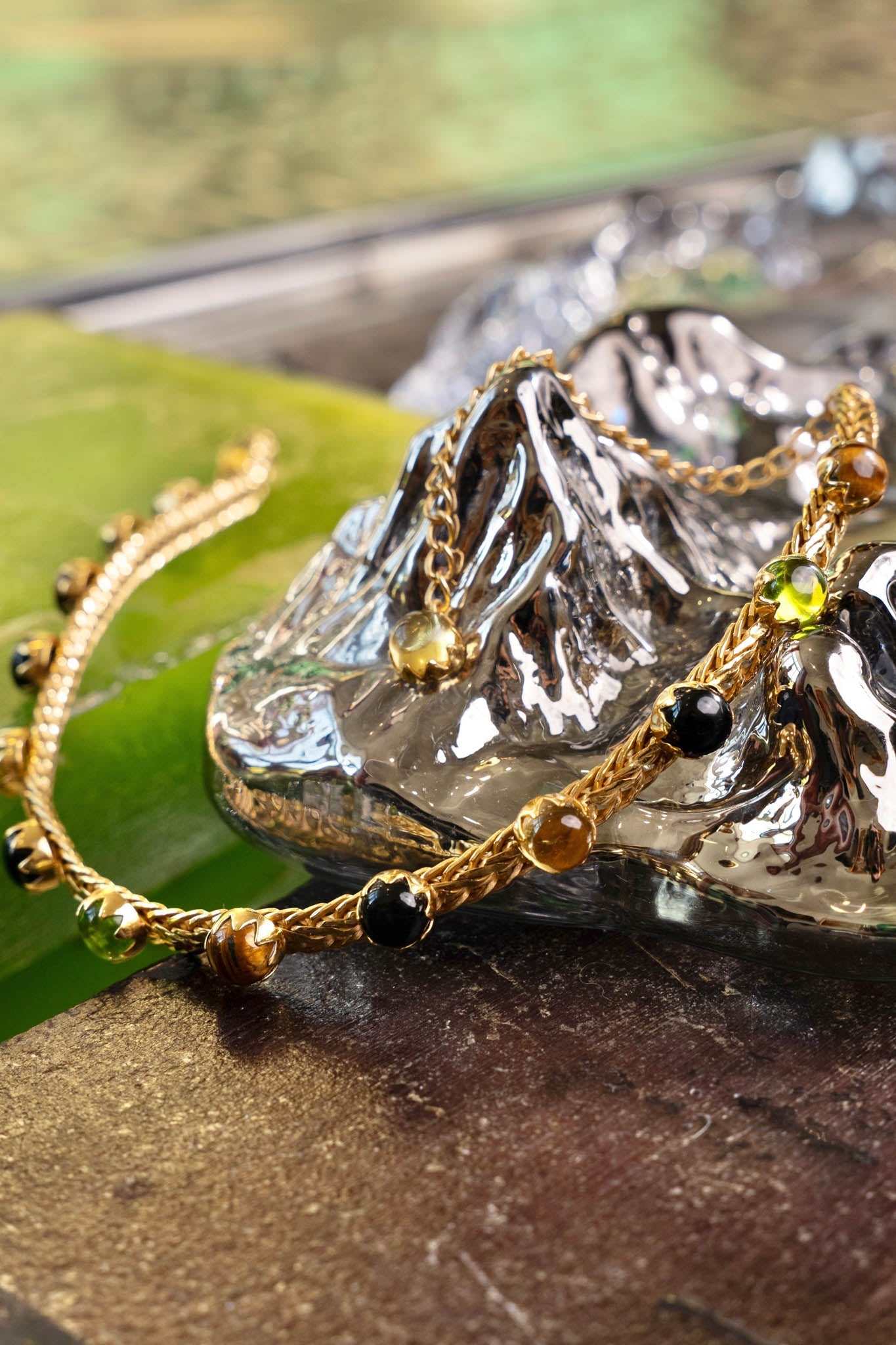 A woven gold chainmail choker set with genuine black onyx, tiger eye and peridot stones — additional product view 3.