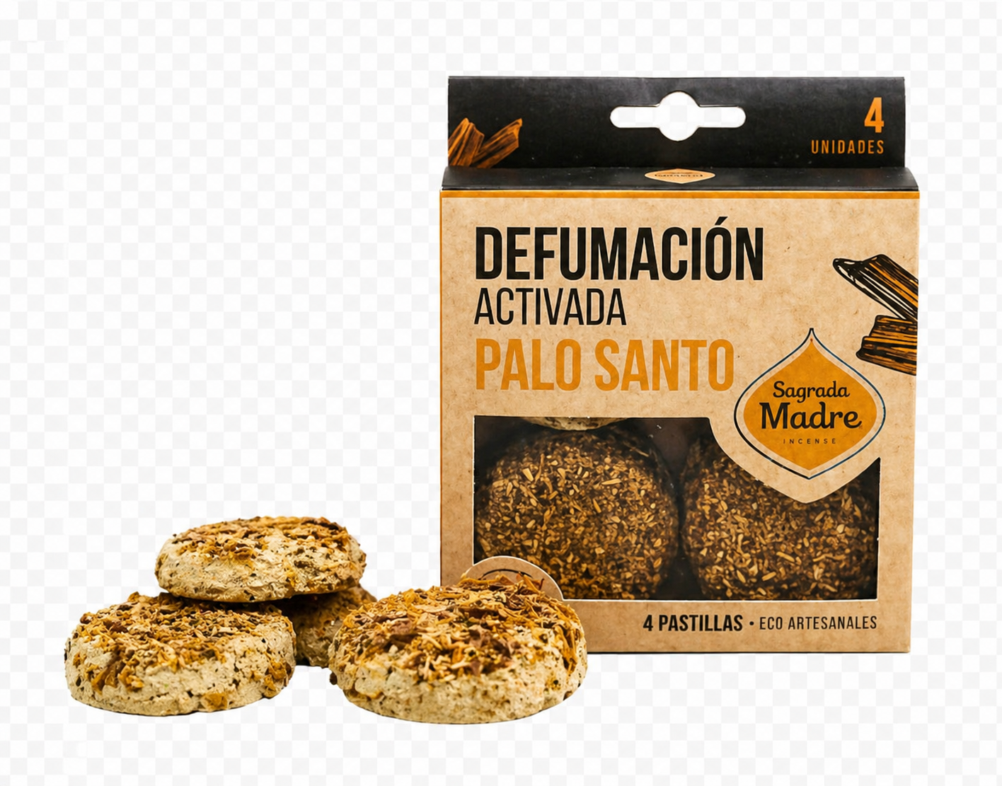 Palo Santo charcoal disk box with four herb-topped disks arranged beside it