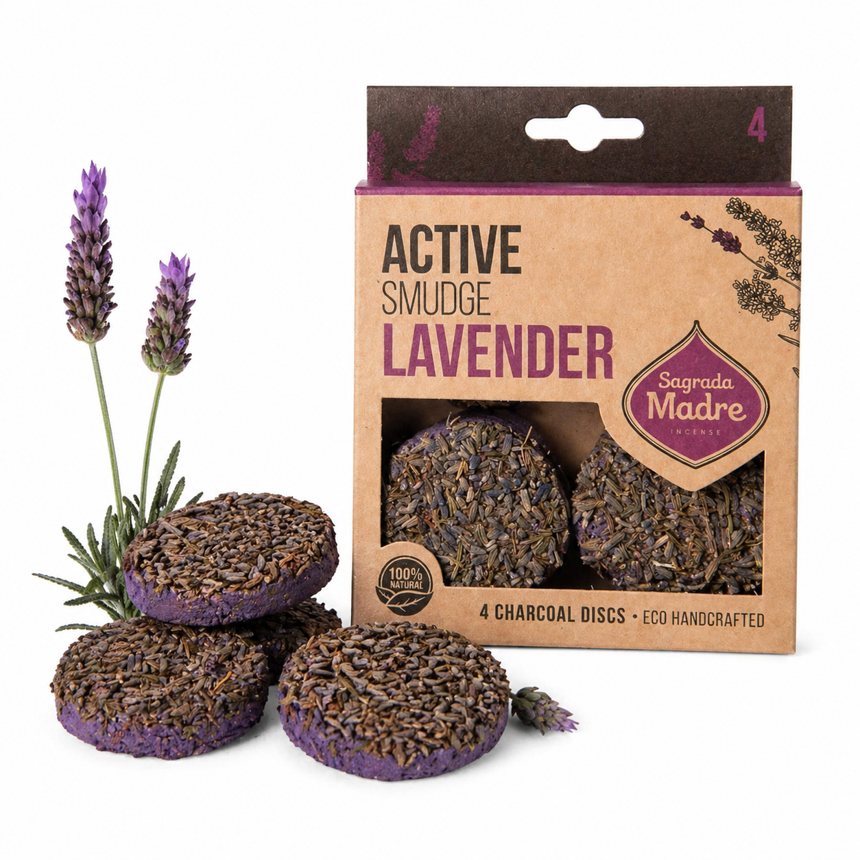Active Smudge Lavender box with lavender-topped charcoal disks and fresh lavender