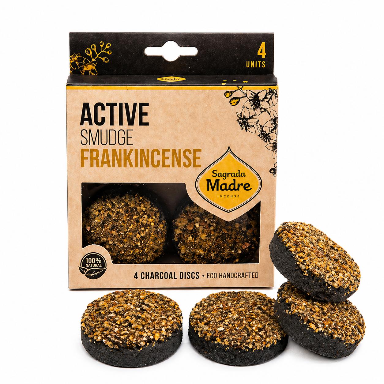 Active Smudge Frankincense box with three herb-topped charcoal disks in front of it