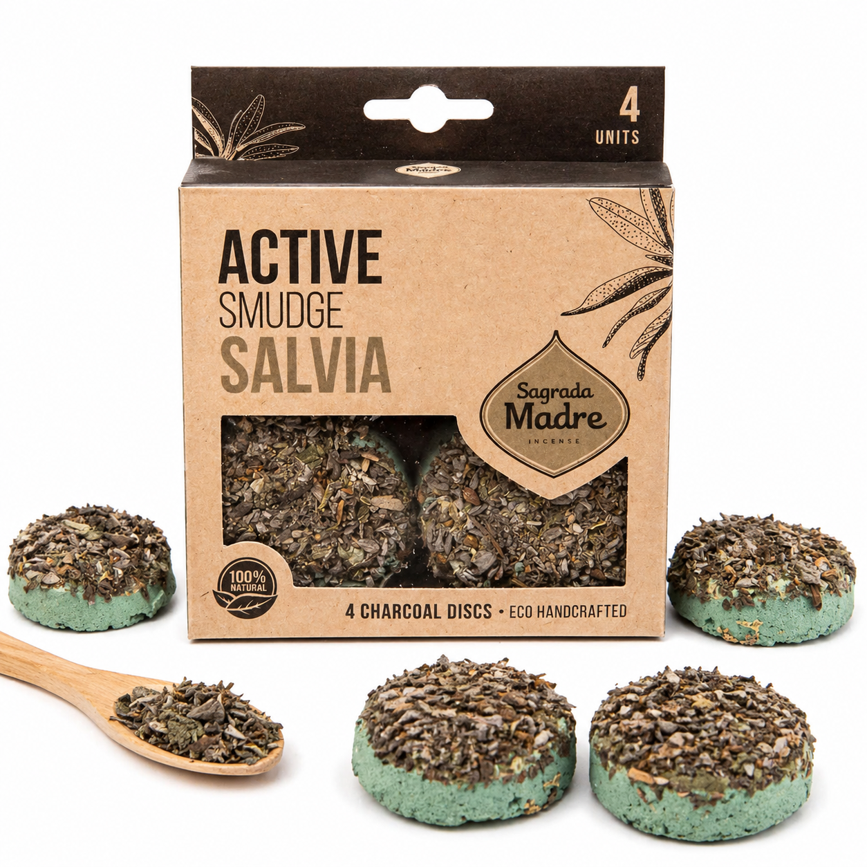 Herb-topped smoke cleansing charcoal disks and packaging