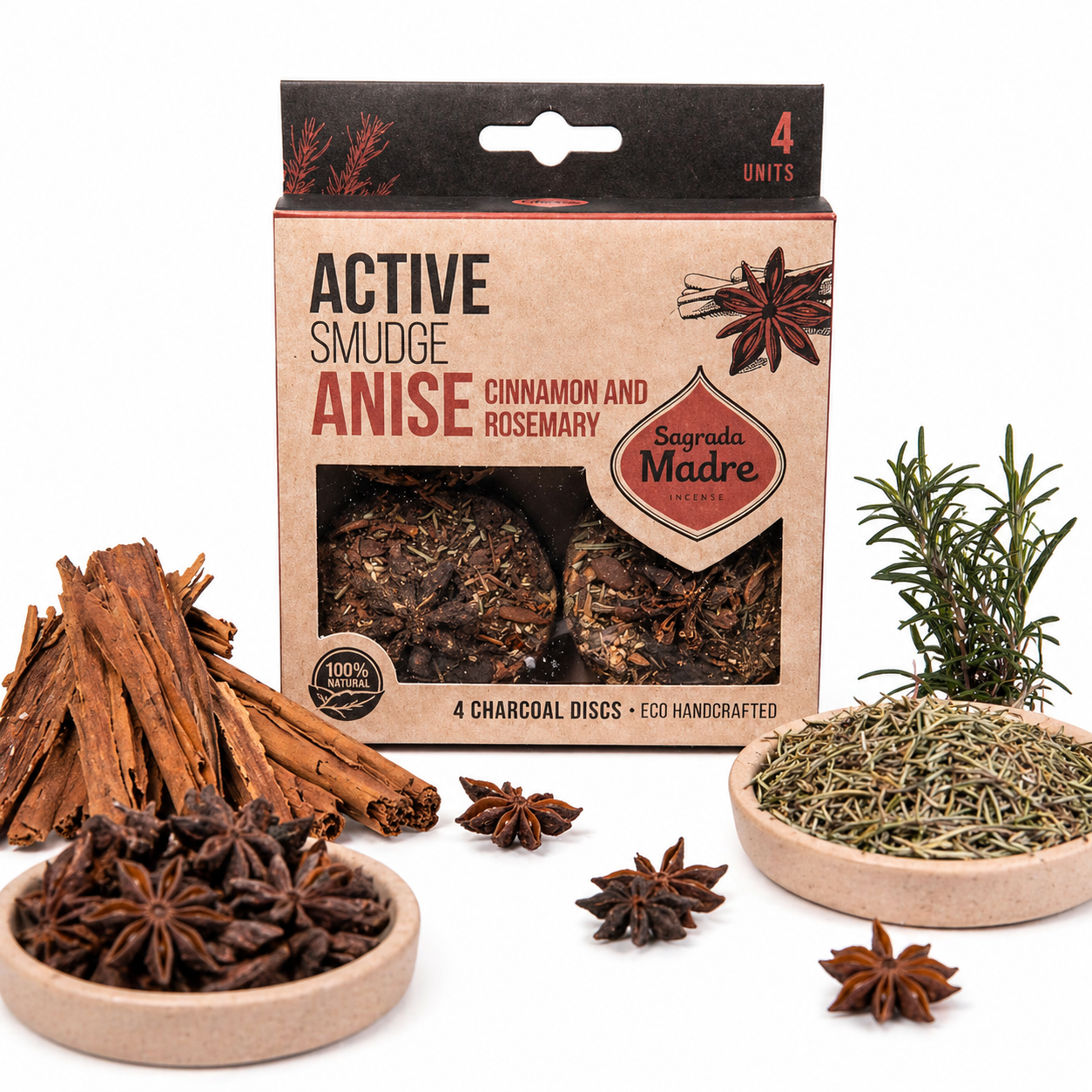 Herb-topped smoke cleansing charcoal disks and packaging