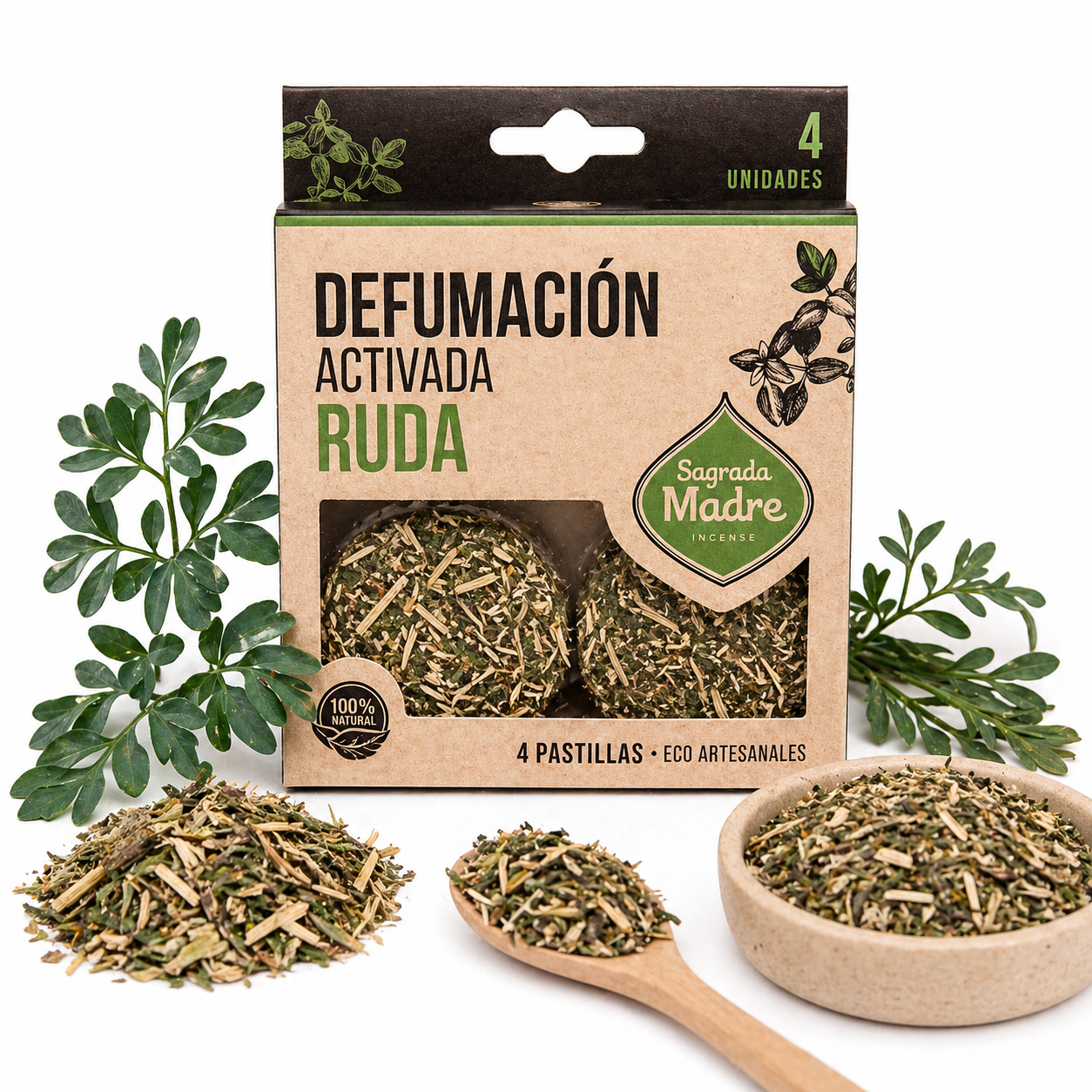 Herb-topped smoke cleansing charcoal disks and packaging