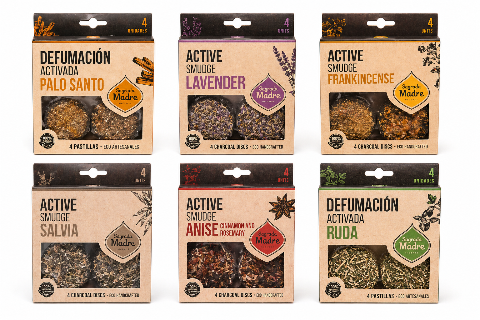 The six Smoke Cleanse charcoal disk boxes arranged in a grid by scent