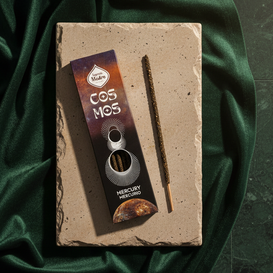 The Mercury Cosmos carton and a single incense stick on a pale stone slab over dark green velvet.