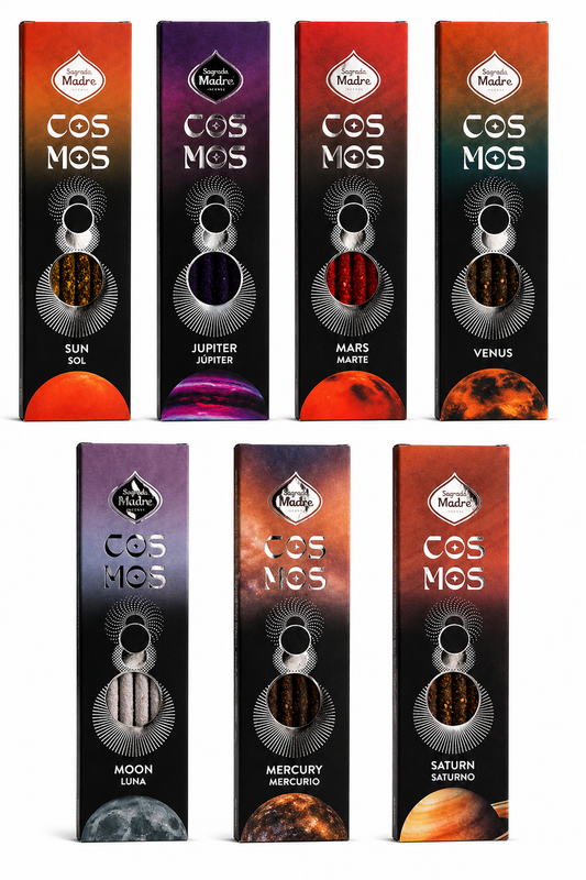 Seven boxes of Cosmos planetary incense — Sun, Moon, Mars, Mercury, Jupiter, Venus and Saturn — arranged in two rows.