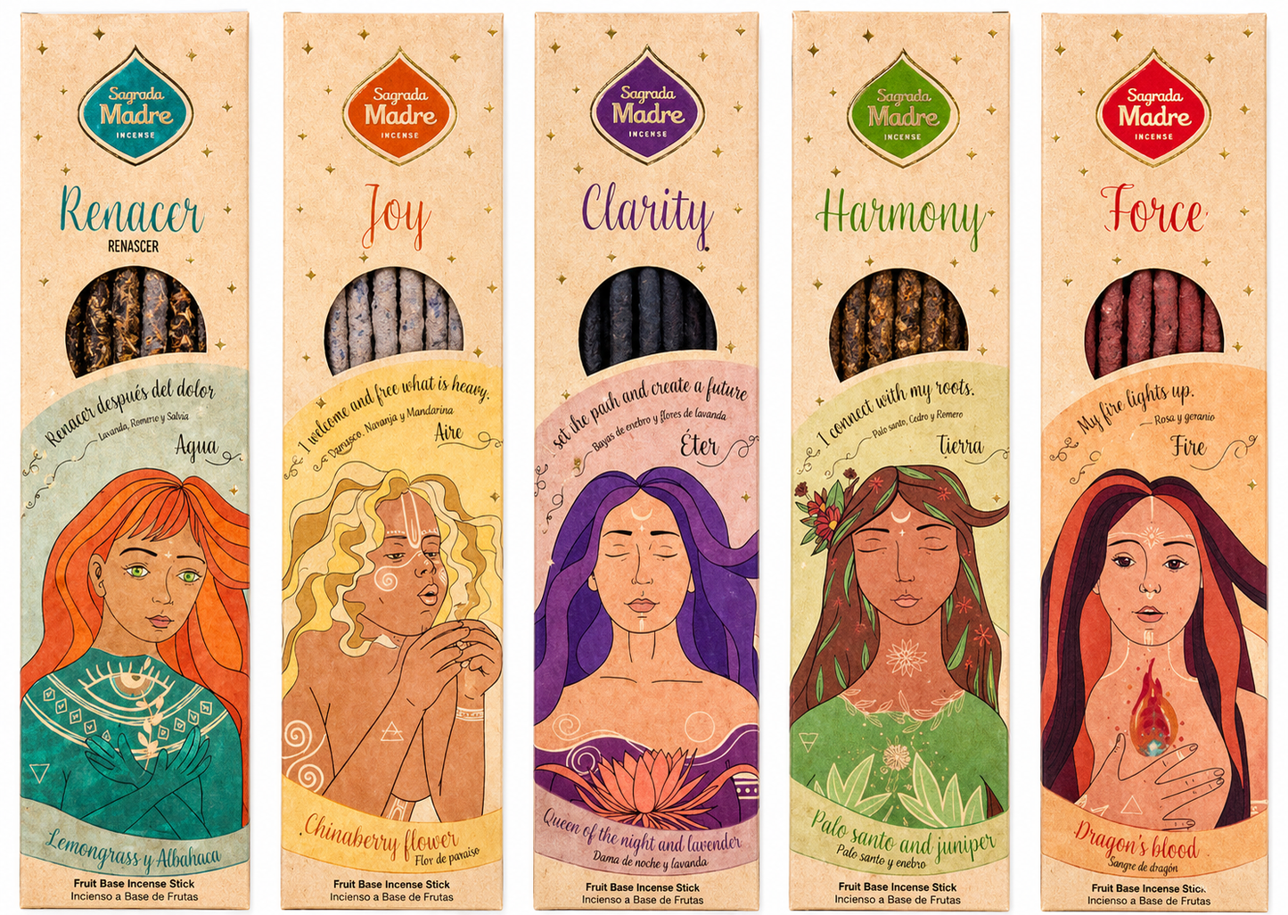 The five Elements incense packs side by side, each with its own illustrated label