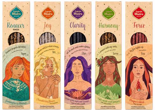 The five Elements incense packs side by side, each with its own illustrated label