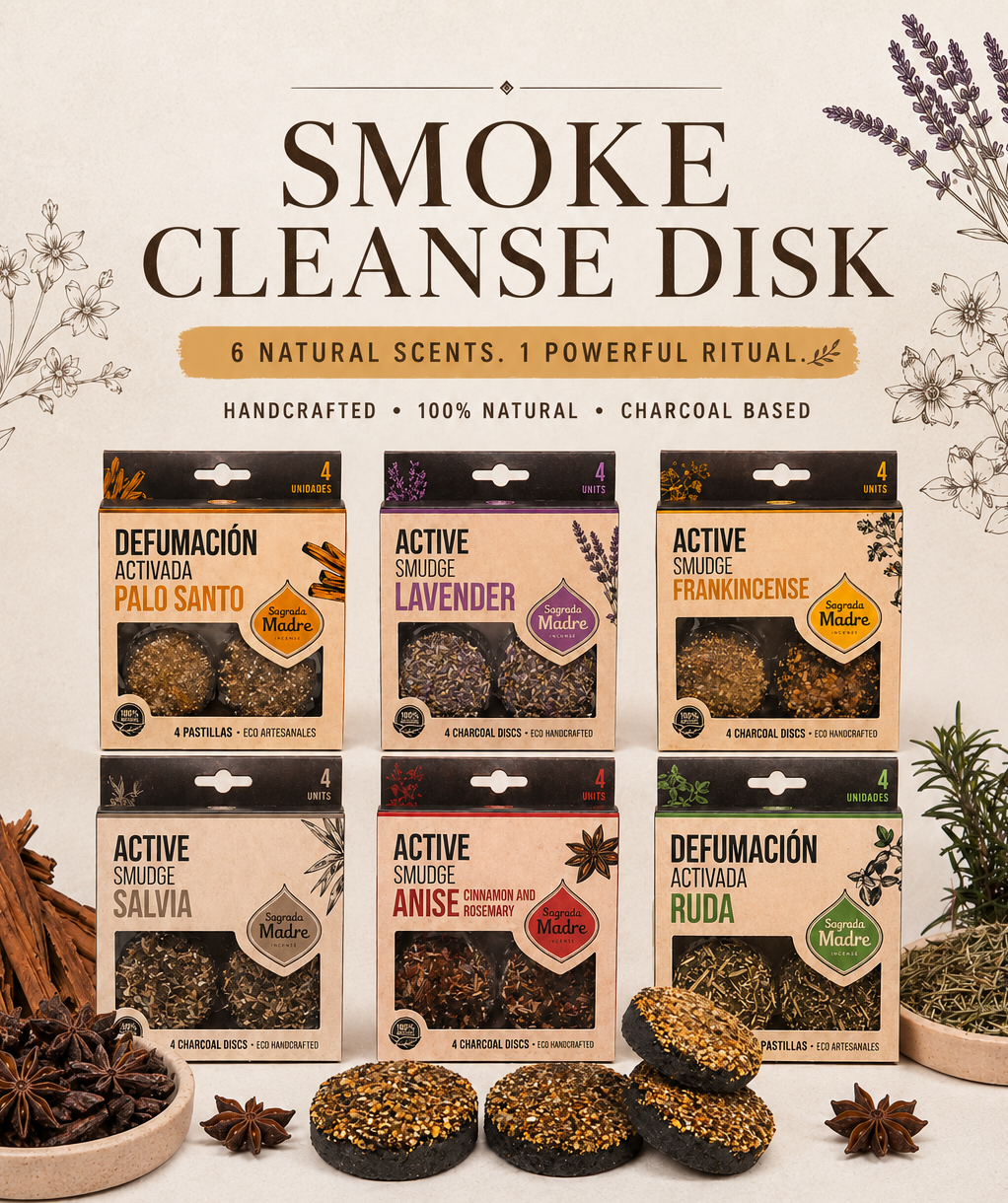 Smoke Cleanse Disk display card reading six natural scents, one powerful ritual