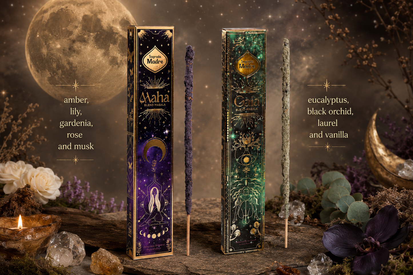 A boxed collection of Maha and Gaia masala incense sticks, shown from a different angle.