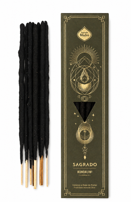 Kundalini incense sticks fanned out beside the olive-green Sagrado packaging