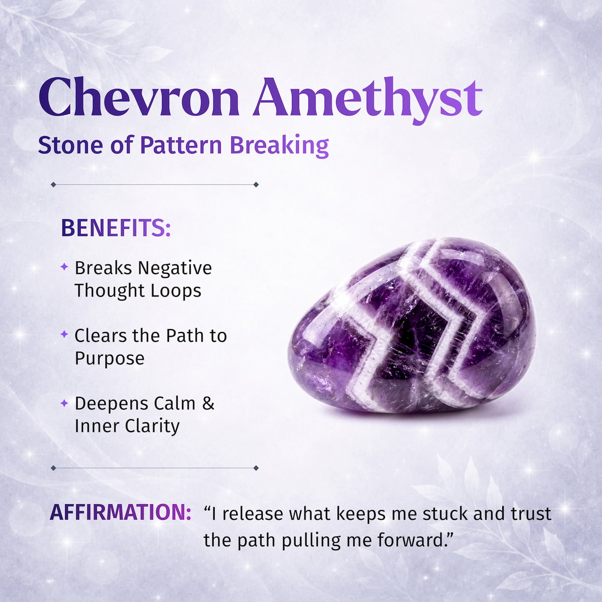 Chevron Amethyst crystal point with purple and white V-shaped bands — view 3