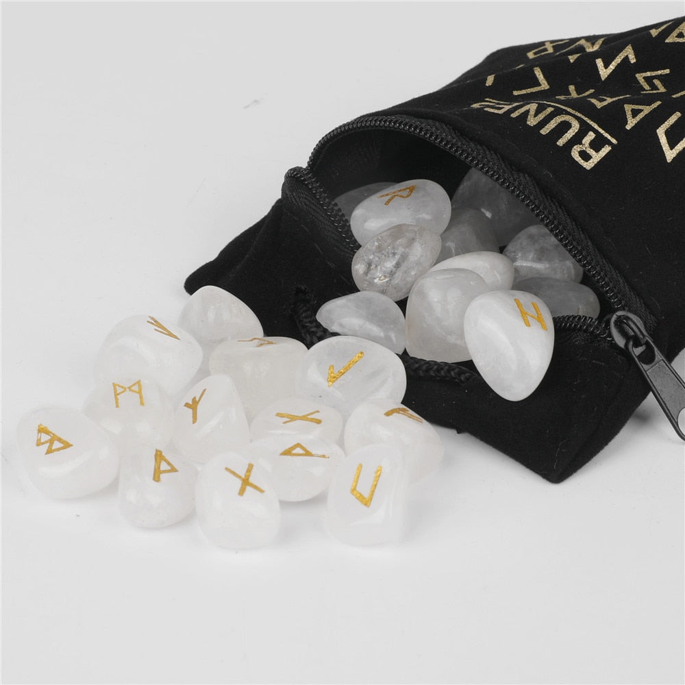 Crystal Rune Set — 25 Carved Stone Runes with Velvet Bag
