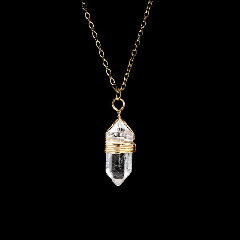 Wire-wrapped hexagonal crystal pendant in gold-plated copper on an adjustable chain — view 4 of 12