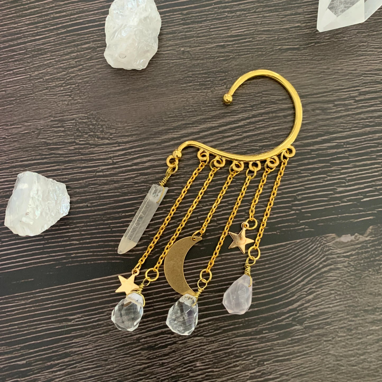 Gold Ear Cuff Crystal Earrings — Sun & Moon Tassel Ear Climber