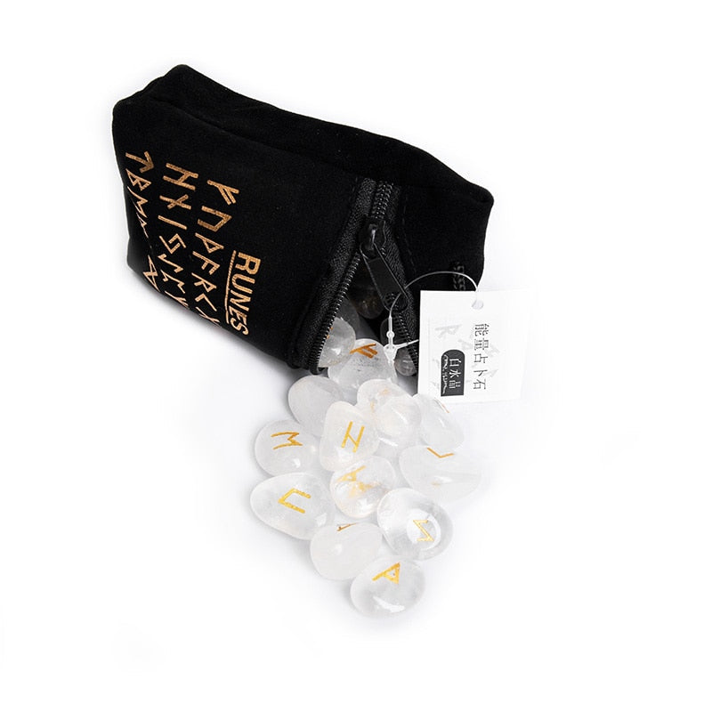 Crystal Rune Set — 25 Carved Stone Runes with Velvet Bag