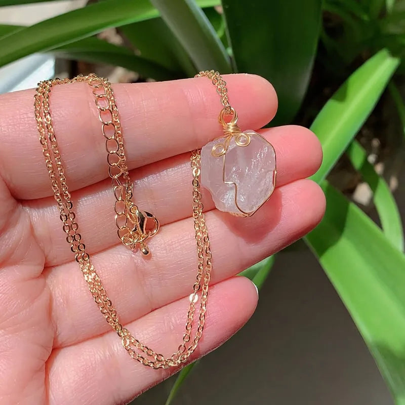 Raw Crystal Wire-Wrapped Necklace — Gold-Plated Chain, 22 Stones