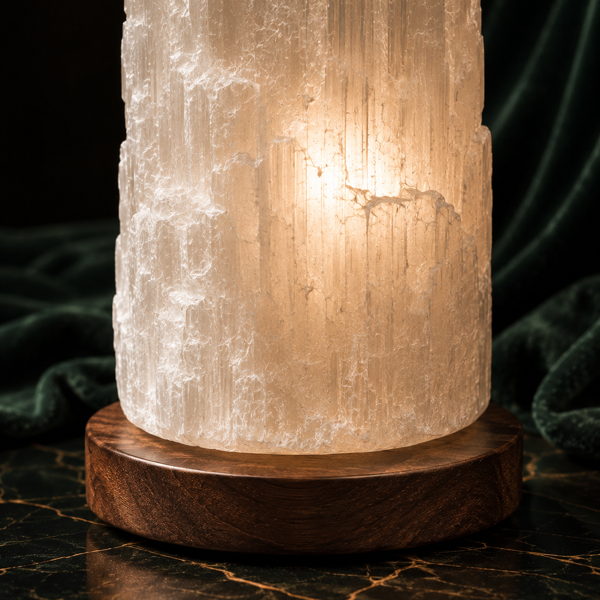 Close view of the lamp's rough selenite face and walnut base, the inner light picking out the vertical fiber lines in the crystal.