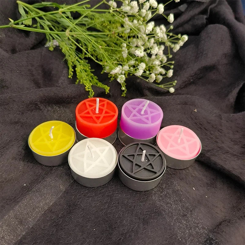Beeswax tea light candle embossed with a pentacle symbol — view 10 of 12