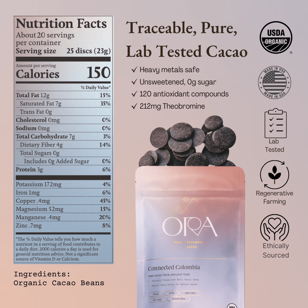 Nutrition facts panel for Ora Connected Colombia ceremonial cacao beside the pouch and a pile of cacao discs, with USDA Organic, lab tested and ethically sourced badges