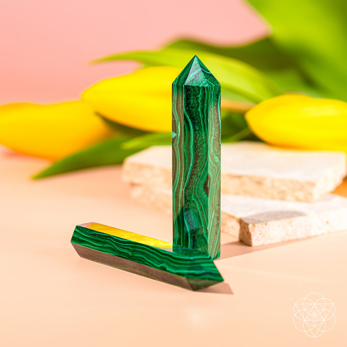 Polished Malachite crystal point with deep green swirling bands — view 2