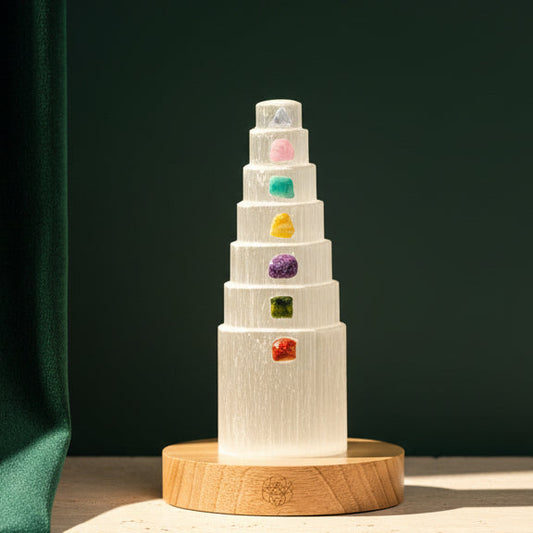 Stepped selenite tower lamp lit on a round wooden base, seven colored stones set one above the other up the front.