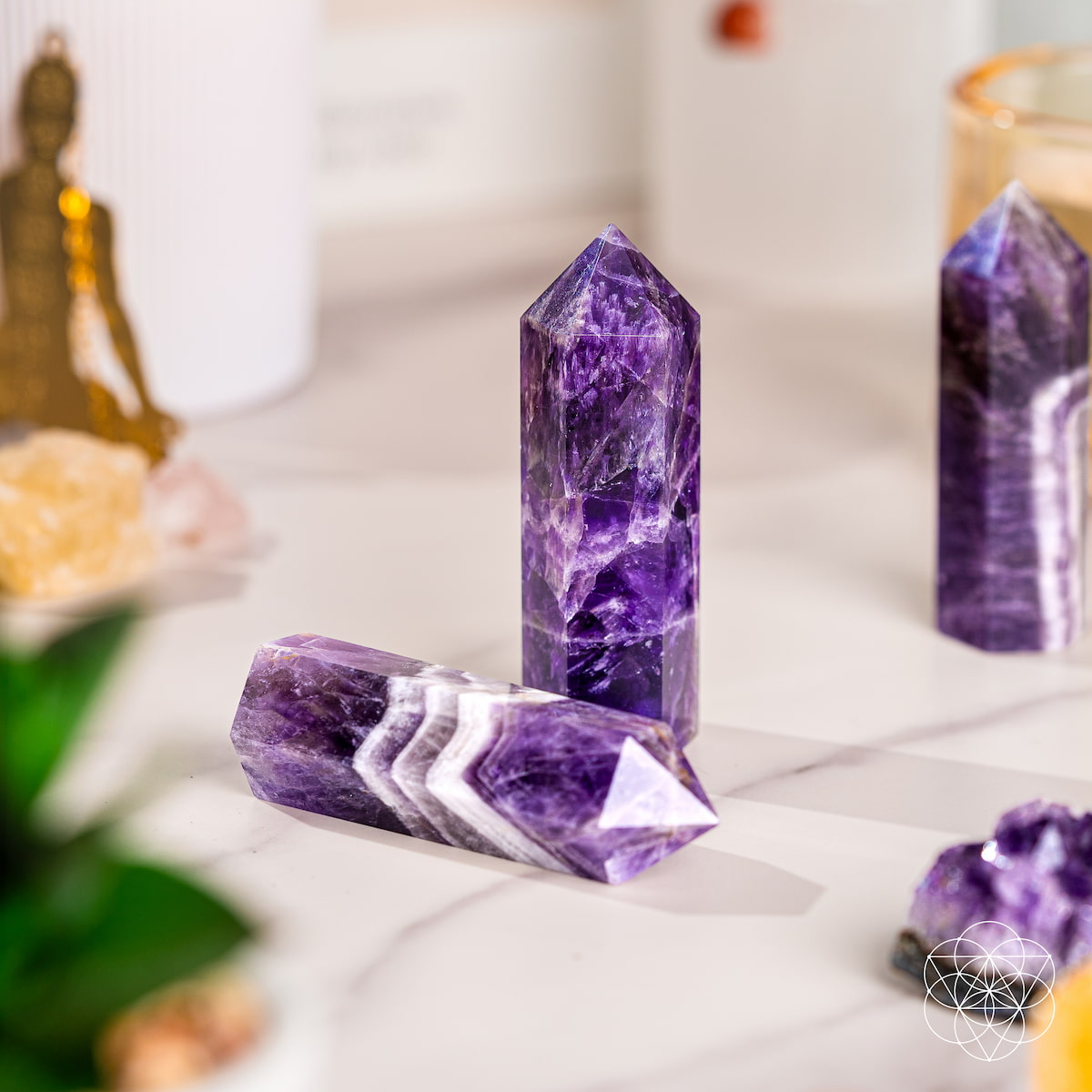Chevron Amethyst crystal point with purple and white V-shaped bands — view 5