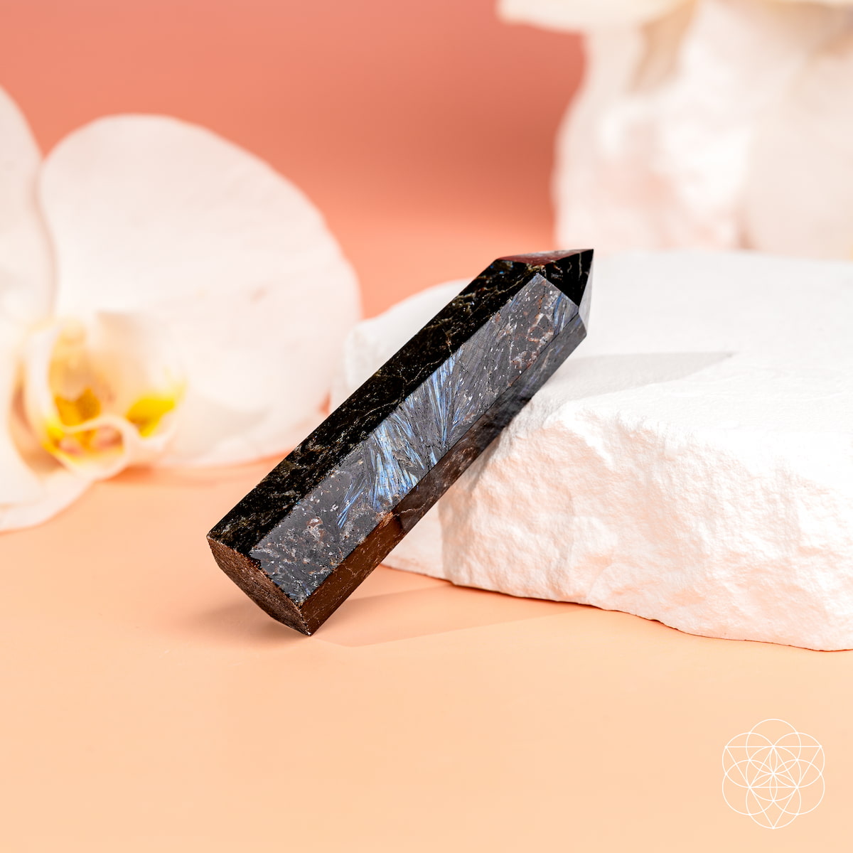 Rare Arfvedsonite crystal point with marble-white streaks through dark stone — view 2