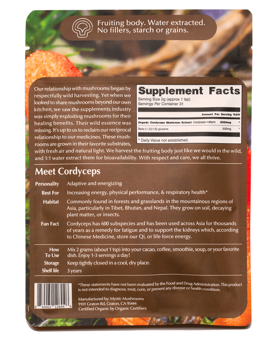 Ora Cacao Cordyceps mushroom extract pouch shown in a warm, softly lit styled scene.