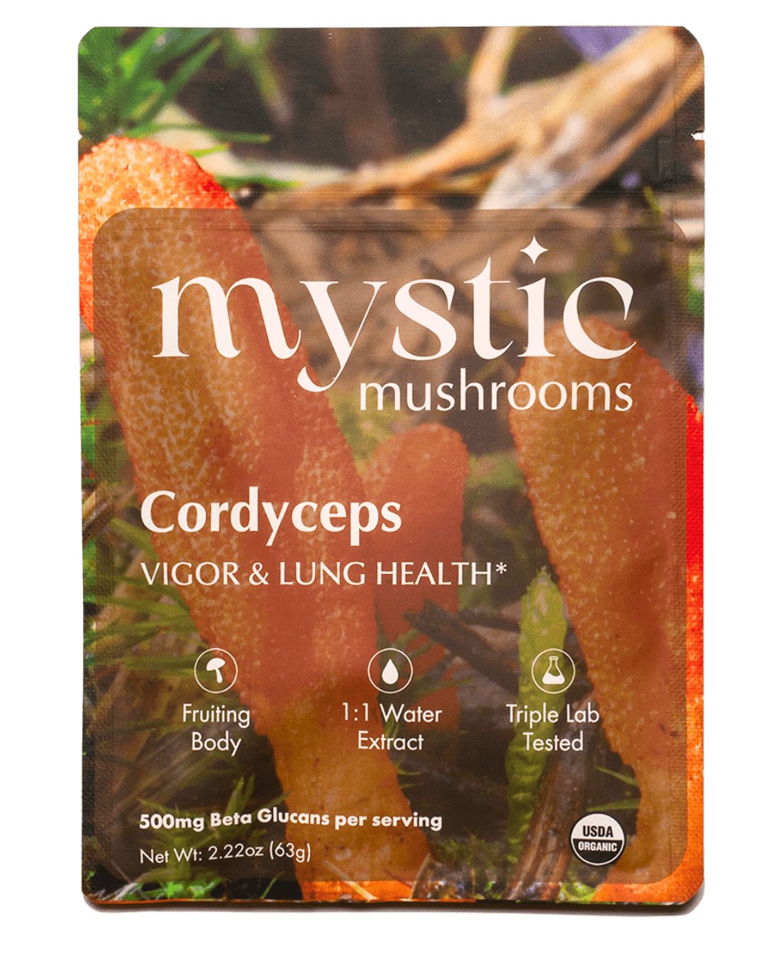 Ora Cacao Cordyceps mushroom extract pouch shown on a plain neutral background.