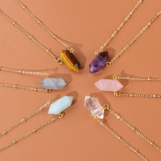 Hexagonal crystal column pendant in gold-plated setting on a fine chain — view 1 of 12