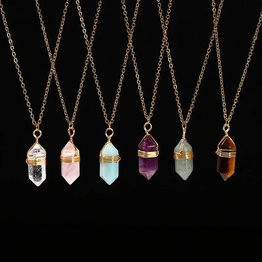 Wire-wrapped hexagonal crystal pendant in gold-plated copper on an adjustable chain — view 1 of 12