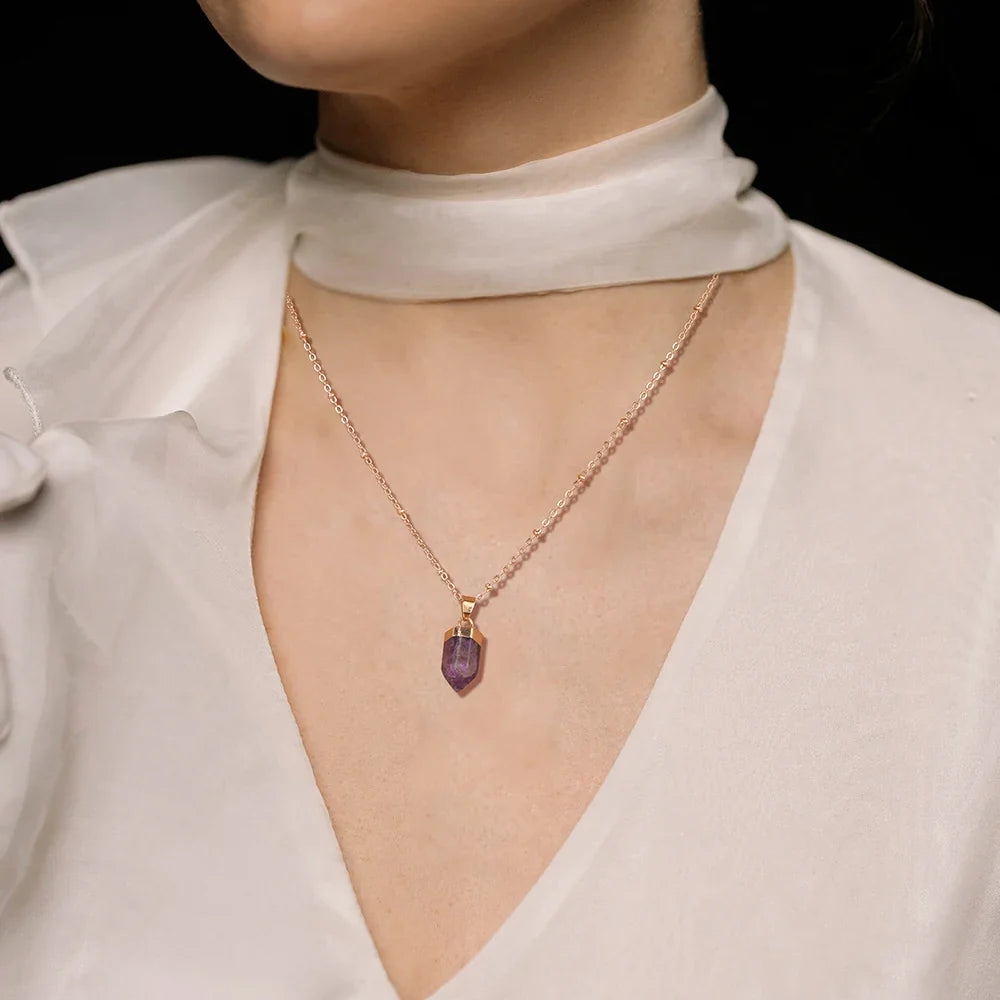 Crystal Point Pendant Necklace — Hexagon Gemstone on Gold-Tone Chain