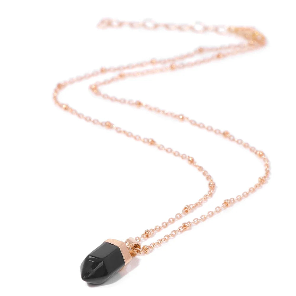 Crystal point pendant necklace with a hexagon gemstone column on a gold-tone link chain — view 11 of 20