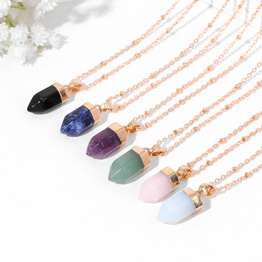 Crystal point pendant necklace with a hexagon gemstone column on a gold-tone link chain — view 1 of 20