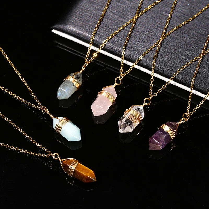 Wire-wrapped hexagonal crystal pendant in gold-plated copper on an adjustable chain — view 10 of 12