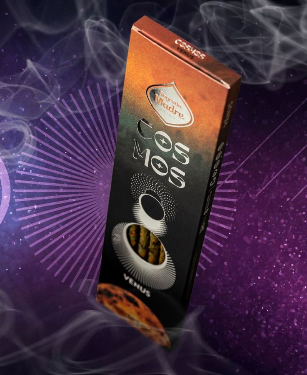 Venus Cosmos incense box in smoke against a violet starburst background